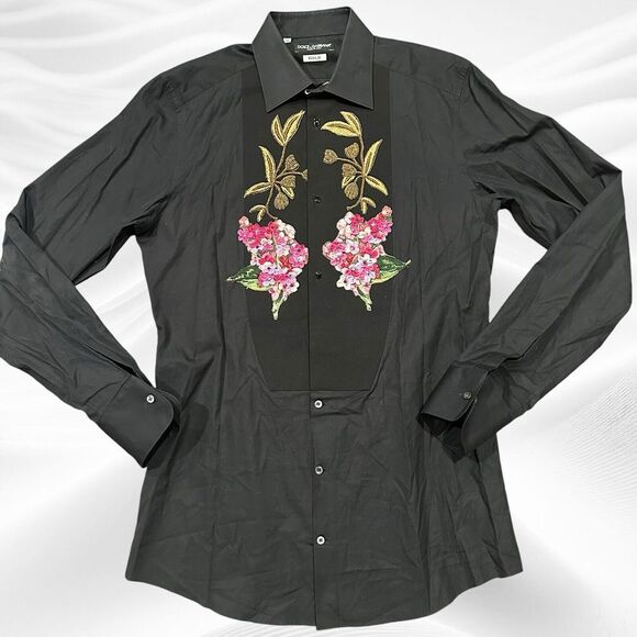 DOLCE & GABBANA GOLD‎ NWT Men's Tuxedo Floral Embroidered LS Shirt Black XS - Picture 1 of 10